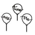 Three black acrylic balloon-shaped cake toppers featuring the words "one," "two," and "six" written in a whimsical font. Each balloon has a stick at the bottom for easy placement on a cake.