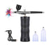 An airbrush spray gun is displayed in the image, featuring a sleek black body and a chrome nozzle that emits vibrant splashes of color. The set includes two clear plastic bottles for paint or fluid storage and a USB charging cable. The design highlights precision with a connected airbrush that allows for detailed spraying.