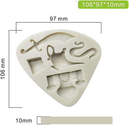 The image shows a silicone mould in the shape of an Aladdin-style magic lamp, along with decorative elements. The mould is light-colored and features intricate designs, including the lamp itself, a genie, and some swirling patterns. It has dimensions indicated as 106 mm by 97 mm, with a thickness of 10 mm. A scale bar is also present for reference. The mould is designed for crafting or baking themed items.