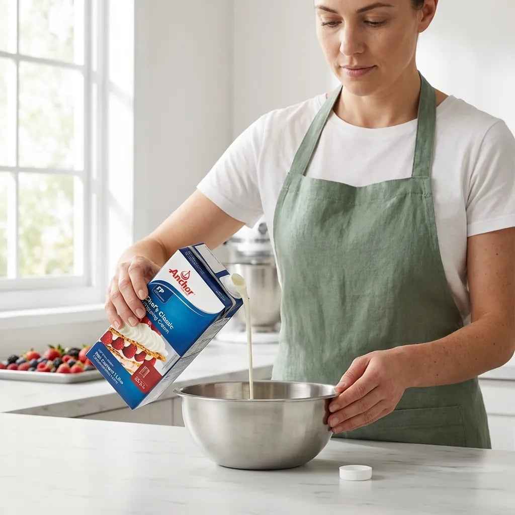 Woman in a kitchen pouring Anchor cream into a bowl