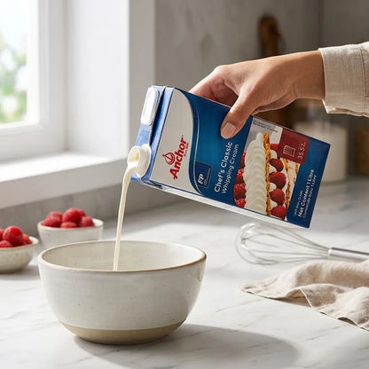 Hand pouring Anchor whipping cream into a bowl with berries on a marble surface.