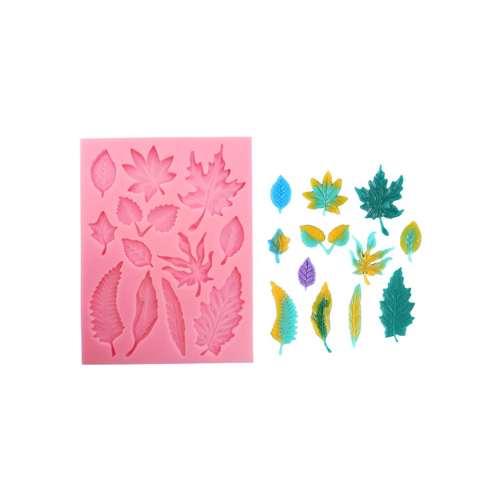 Pink silicone mold with various leaf shapes on the left, and colorful leaf imprints in blue, yellow, green, and purple on the right.