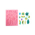Pink silicone mold with various leaf shapes on the left, and colorful leaf imprints in blue, yellow, green, and purple on the right.