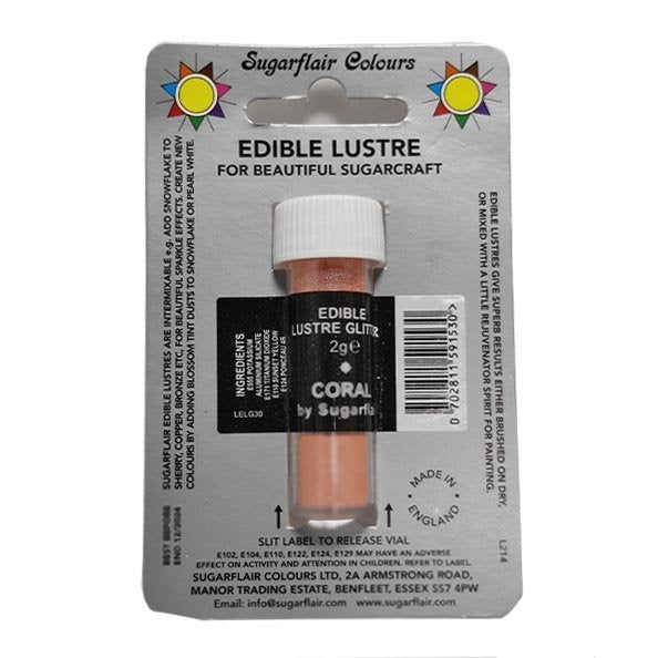 A product packaging for Sugarflair Edible Lustre Glitter in coral color, weighing 2 grams. The packaging features a clear container with a white screw cap, mounted on a card with colorful designs. The label states ?EDIBLE LUSTRE? and ?FOR BEAUTIFUL SUGARCRAFT,? along with ingredients and usage instructions. The card also indicates it is made in England.