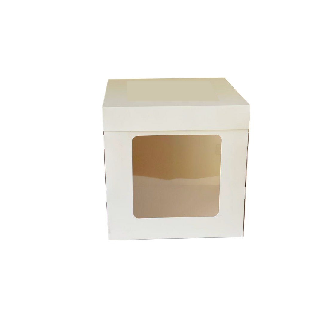 A white square cake box with a transparent window on one side. The box has a flat top and is designed to hold baked goods. It measures 12 inches in length, width, and height. The transparent window allows visibility of the contents inside.