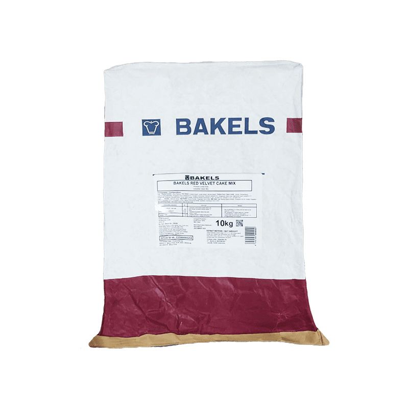 Bag of Bakels red velvet cake mix on a white background
