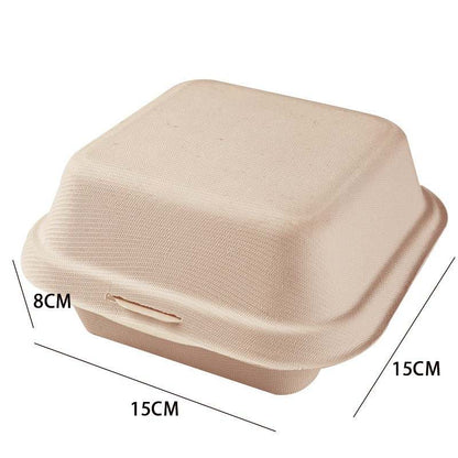An eco-friendly, beige bento cake box is displayed in the image. The box has a square shape with dimensions of 15 cm by 15 cm and a height of 8 cm. It features a textured surface and a small handle for easy transport. The design suggests that it is suitable for holding cakes or desserts.