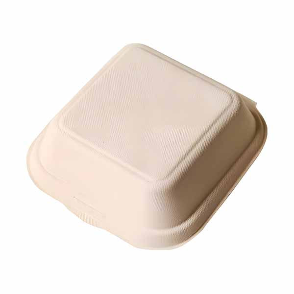 A bento cake box is shown in the image. It is a square, eco-friendly container made from a biodegradable material, featuring a slightly textured surface. The box has a lid that fits snugly on top, and the overall color is a natural beige tone, suggesting a simplistic and sustainable design suitable for carrying small cakes or desserts.