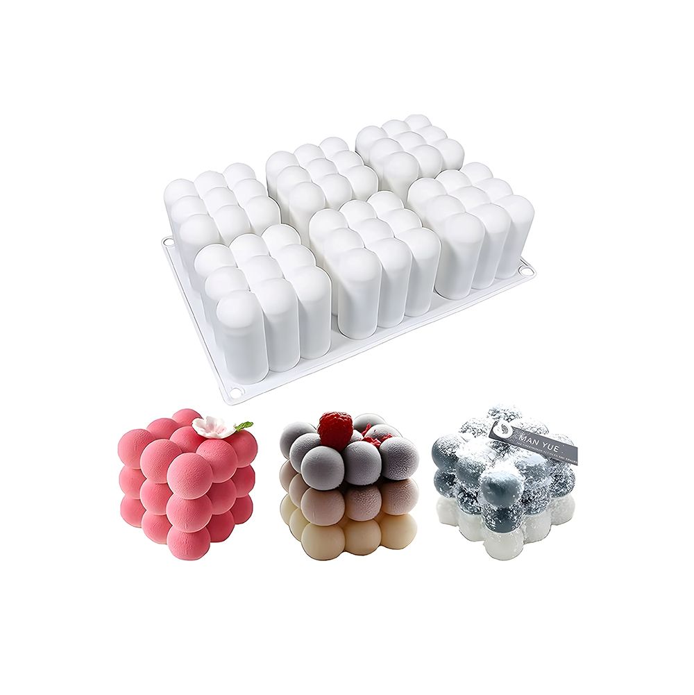 Silicone mold for making bubble-shaped candles with examples of finished products on a white background