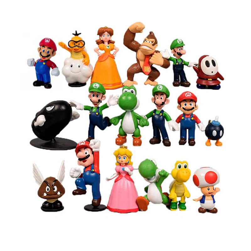 18 mini action figures of various characters from the Mario video game series. The characters include Mario, Luigi, Princess Peach, Yoshi, Toad, and Donkey Kong, among others. They are brightly colored and depicted in playful poses. Each figure is detailed and stands on a flat surface, arranged in a group to showcase the variety of characters from the franchise.