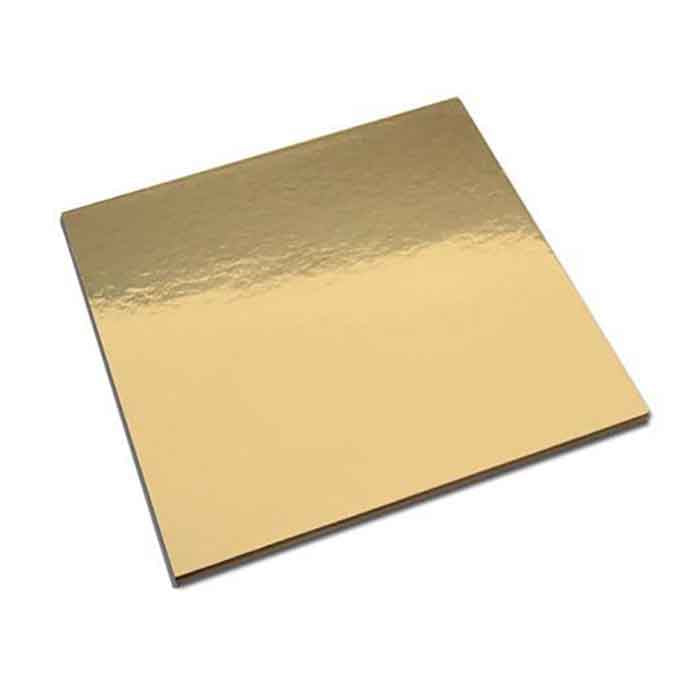 A square cake board in a shiny gold finish, measuring 2mm thick. The board has a smooth, reflective surface, suitable for supporting cakes or pastries.