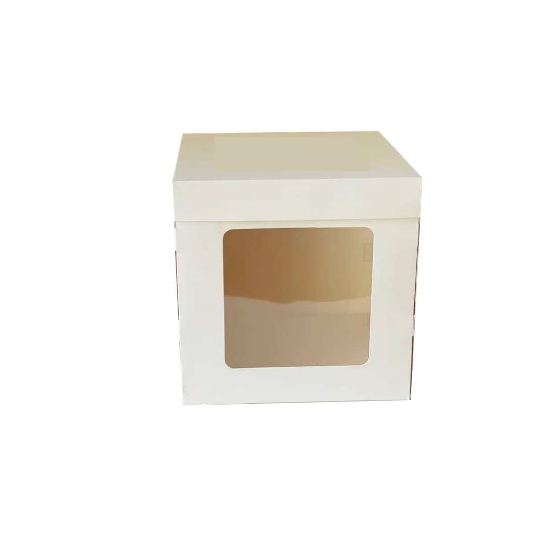 A tall, square, white cake box with a clear window on one side. The box is designed to hold cakes and measures 10x10 inches in width and height, with a 10-inch depth. The top of the box is flat and has a clean, minimalist design.