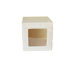A tall, square, white cake box with a clear window on one side. The box is designed to hold cakes and measures 10x10 inches in width and height, with a 10-inch depth. The top of the box is flat and has a clean, minimalist design.