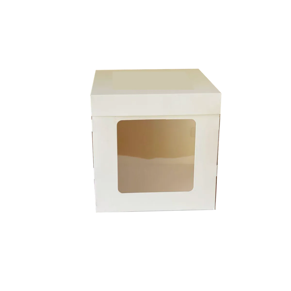 A white square cake box with a transparent window on one side. The box has a flat top and is designed to hold baked goods. It measures 12 inches in length, width, and height. The transparent window allows visibility of the contents inside.