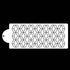 A white cake stencil featuring a repeated honeycomb pattern consisting of hexagons. The stencil has a rounded corner with a hole for hanging, and the design covers the main area of the stencil. The background is black, highlighting the stencil&