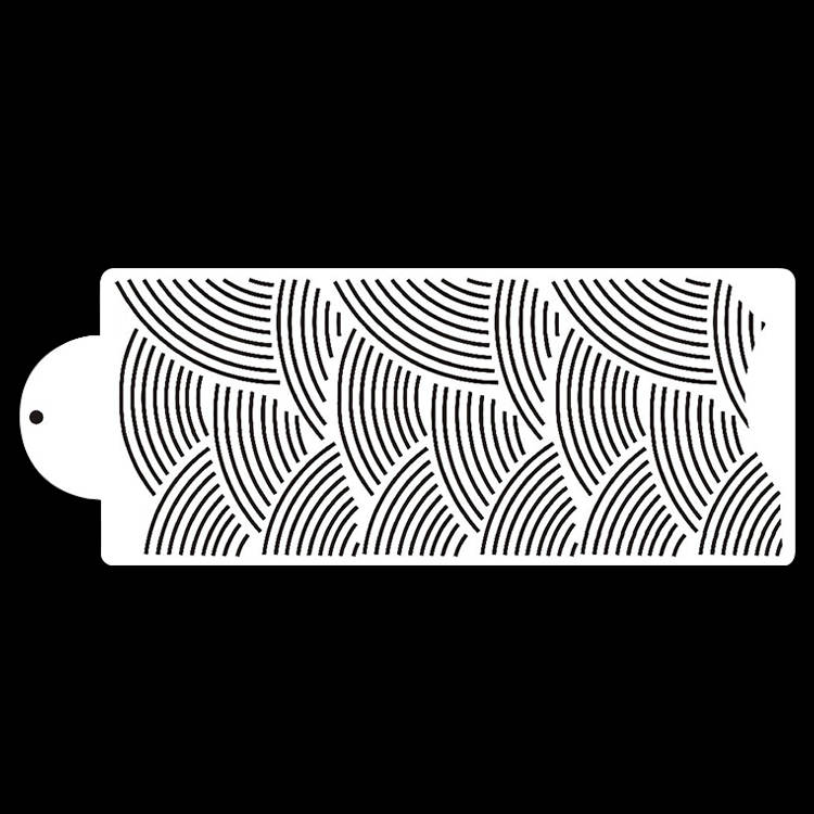A white cake stencil featuring a repeating pattern of curved lines arranged in a wave-like design. The stencil has a rounded cutout on one side for easy handling. The background is black, emphasizing the stencil&