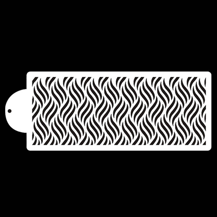 The image features a white cake stencil with a repeating wavy pattern cut out across its surface. The stencil has a rectangular shape with a rounded end on one side, which appears to be a handle or attachment point. The background is black, highlighting the intricate design of the stencil.