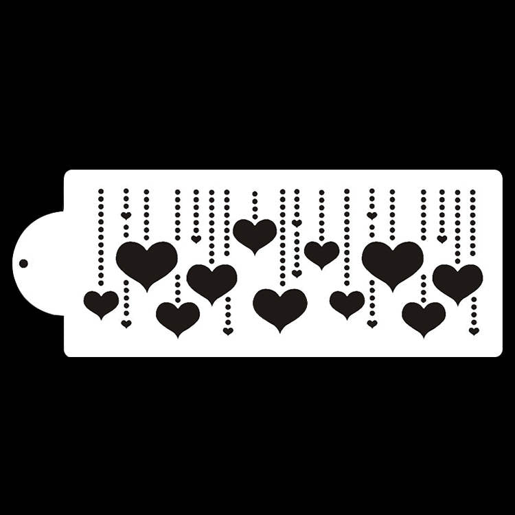 The image features a cake stencil design called "cake stencil ct 01." It shows a rectangular stencil with a patterned design consisting of various black hearts and dotted lines. The hearts are of different sizes and are arranged in a vertical dripping style, creating an effect of cascading hearts. The stencil also has a rounded handle on one side for easy handling. The background is black, which contrasts with the white stencil design.
