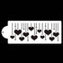 The image features a cake stencil design called "cake stencil ct 01." It shows a rectangular stencil with a patterned design consisting of various black hearts and dotted lines. The hearts are of different sizes and are arranged in a vertical dripping style, creating an effect of cascading hearts. The stencil also has a rounded handle on one side for easy handling. The background is black, which contrasts with the white stencil design.
