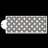 The image features a white cake stencil with a textured design that resembles a woven pattern. The stencil has a rectangular shape with a rounded corner on one side, which includes a small hole for hanging or handling. The background is solid black, allowing the white stencil design to stand out prominently. The pattern consists of interlocking lines that create a grid-like effect, resembling a checkered or basket weave style.