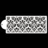 The image features a cake stencil named "cake stencil ct 15." It depicts an intricate, repeating pattern of floral and ornamental designs. The stencil is primarily white with a detailed black design, showing various shapes and motifs that create a lace-like appearance. The stencil has a rounded handle on one side for easy handling. The background is solid black, highlighting the contrast between the white stencil and the black design.
