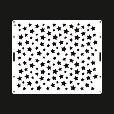 The image shows a rectangular cake stencil featuring a repeated pattern of various sizes of stars. The stencil is white, and the stars are depicted in black. There are multiple small and large stars evenly distributed across the surface, providing a decorative design suitable for cake decoration. The stencil includes two holes on the sides for easy handling.