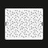 A white cake stencil featuring a design of variously sized black dots scattered across the surface. The stencil is rectangular with cut-out handles on the sides for easy handling.
