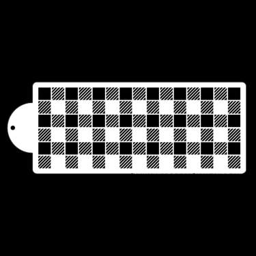 The image features a rectangular cake stencil with a checkerboard pattern. The stencil is predominantly white with a pattern of alternating black and white squares, some of which have diagonal hatching. The left end of the stencil has a rounded cut-out for easy handling. The background of the image is black, highlighting the stencil design.
