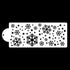 This image features a cake stencil design that includes various snowflake patterns and circular shapes. The stencil is primarily white with intricate black designs depicting different sizes of snowflakes scattered across the surface, along with small round dots. There is a handle on the left side for easy use. The overall appearance is festive and suitable for winter-themed cake decorating.