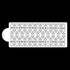 The image displays a rectangular cake stencil, primarily white with a black decorative pattern. The stencil features a repetitive design of interlocking circles, with floral motifs at the center of each circle. One end of the stencil has a rounded edge with a small hole, which may be used for hanging or handling. The overall look is elegant and intricate, suitable for creating decorative patterns on cakes.
