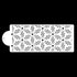 A rectangular cake stencil featuring a repetitive floral pattern. The design consists of star-like flowers with rounded petals, surrounded by small circular dots. The stencil is white with cut-out designs, allowing for the application of icing or dusting on cakes. One end of the stencil has a rounded tab for easy handling. The background is black, highlighting the stencil&