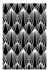 Black background with a repeating geometric pattern of white lines forming diamond shapes, resembling art deco style fans, creating a retro elegance.