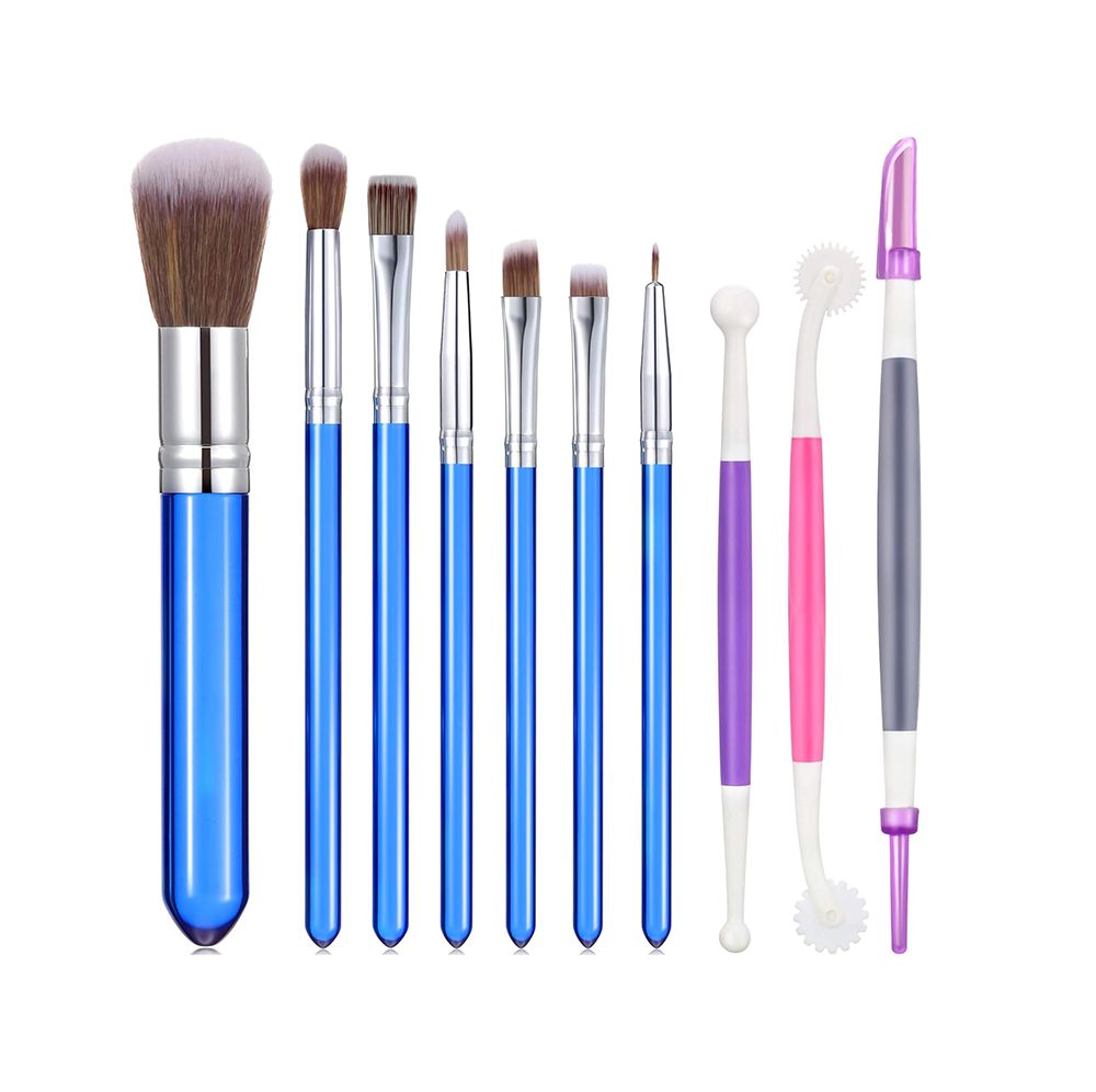 An assortment of brushes, with a striking blue and purple brush standing out in the set.