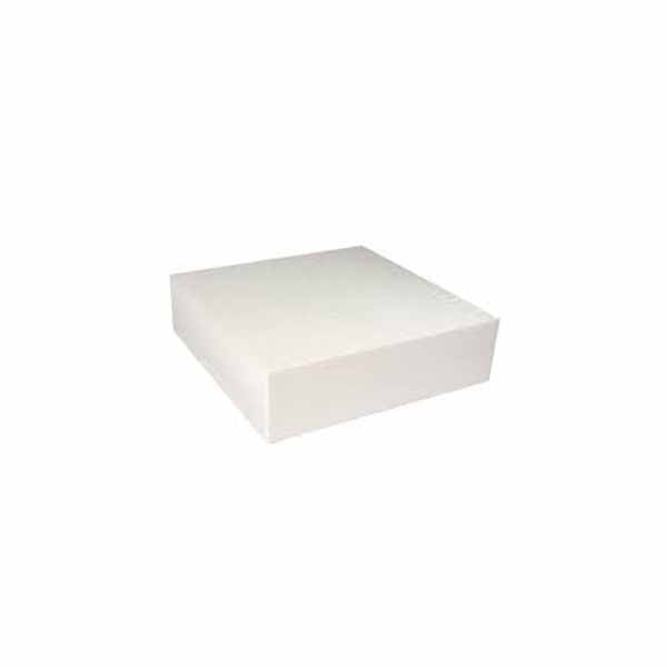 A square white cake dummy with dimensions 200 mm x 200 mm x 75 mm, featuring a flat top and straight edges, used for cake decoration practice or display.