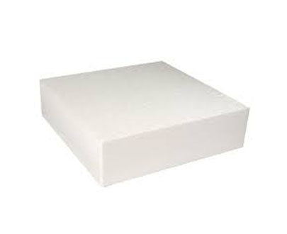 A white, square cake dummy measuring 6x4 inches, with smooth sides and a flat top surface. It is a solid object designed for cake decorating practice or display.