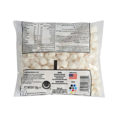 A white bag filled with fluffy marshmallows, showcasing their soft texture and sweet appeal.