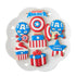 A decorative plate displays a set of seven colorful cookies themed around Captain America. The cookies include two figures of Captain America in blue, red, and white, two shield designs, a birthday cake with blue and red stripes, a cupcake with a swirl of frosting, and a present decorated with a bow. The words "CAPTAIN AMERICA" are prominently visible on one of the cookies, along with a star that says "HAPPY Birthday." The overall theme is festive and bright.