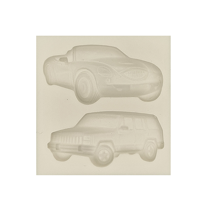 The image features a silicone mold designed to create car-shaped items. It showcases two car designs: the upper part depicts a convertible sports car, and the lower part shows a rugged SUV. The mold is translucent and shows the detailed outlines of the vehicles.