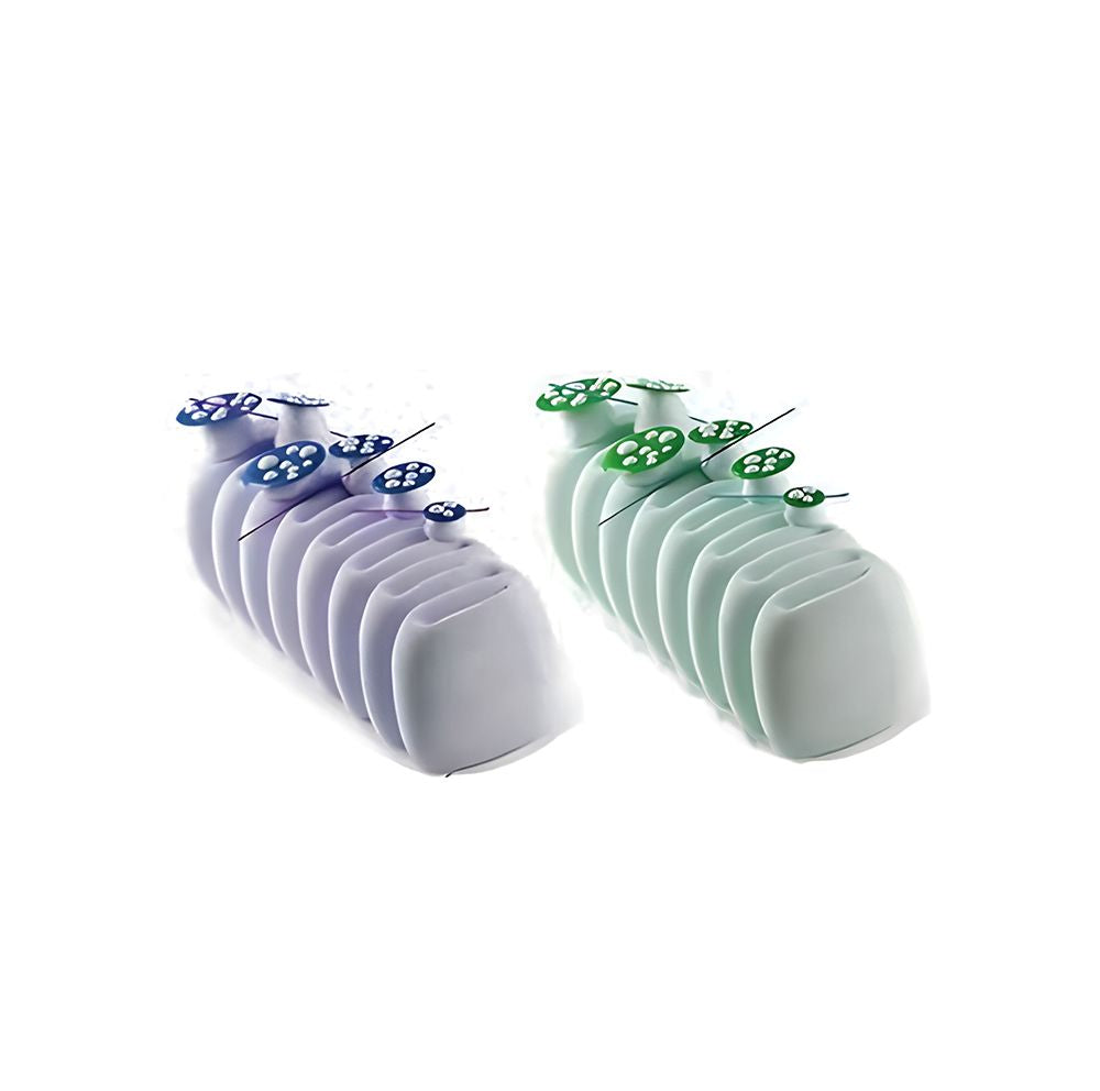 Two rows of pastel-colored, abstract ceramic sculptures resembling caterpillars, topped with small, circular, patterned elements in blue and green.