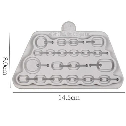 The image shows a silicone mold designed for creating chain shapes. The mold features various chain link designs arranged in rows, with the dimensions labeled: 8.0 cm in height and 14.5 cm in width. The material appears flexible and is designed for use in crafting or baking. The top edge of the mold has a small handle for easy gripping.