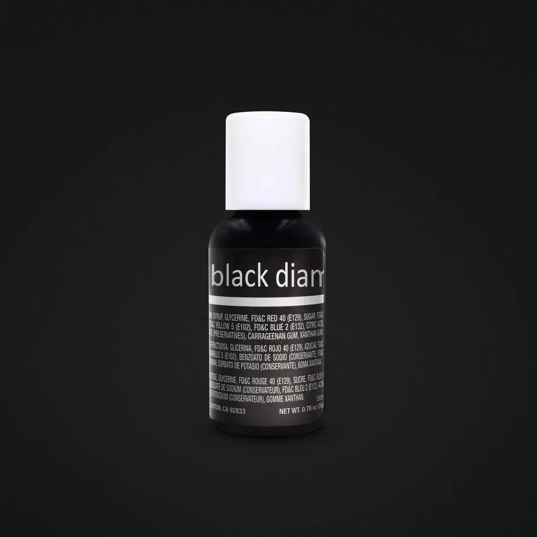 A bottle of Chefmaster Liqua-Gel food coloring in Black Diamond color, 0.7oz size, on a black background.