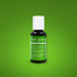 Image of a bottle of Chefmaster Liqua-Gel Color in "Leaf Green." The bottle is black with a white cap and features a bright green label displaying the product name, "leaf green," and ingredient information. The background is a solid green color, enhancing the visibility of the product. The bottle contains 0.7 oz (20 ml) of the coloring.