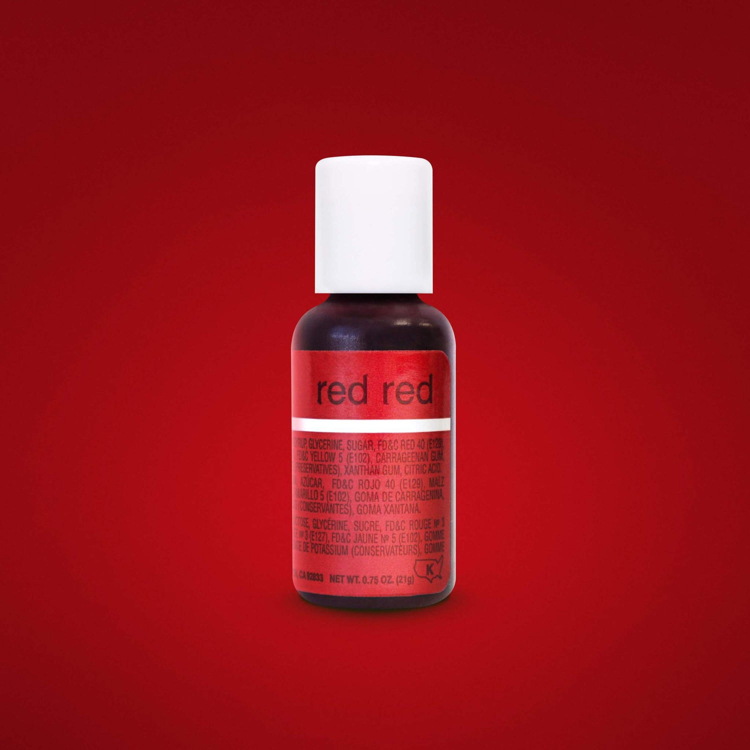 A small bottle of Chefmaster Liqua Gel Color in "Red Red" is displayed against a red background. The bottle is dark with a white screw-on cap. The label features the words "red red" prominently on a red section, along with ingredient information in a smaller font below. The bottle contains 0.75 ounces (21 grams) of product.