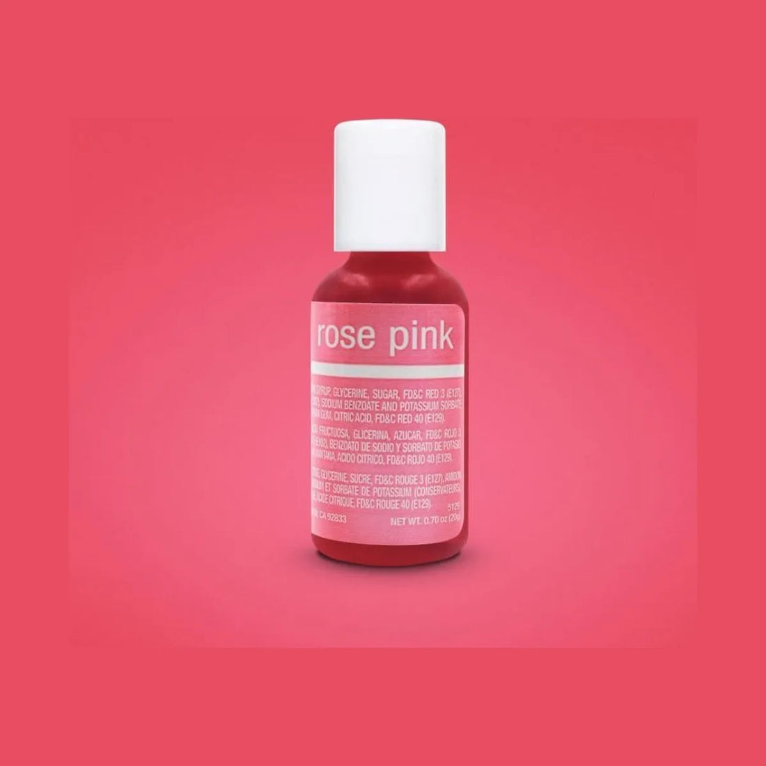 A bottle of Chefmaster Liqua-Gel food coloring in Rose Pink hue against a pink background.