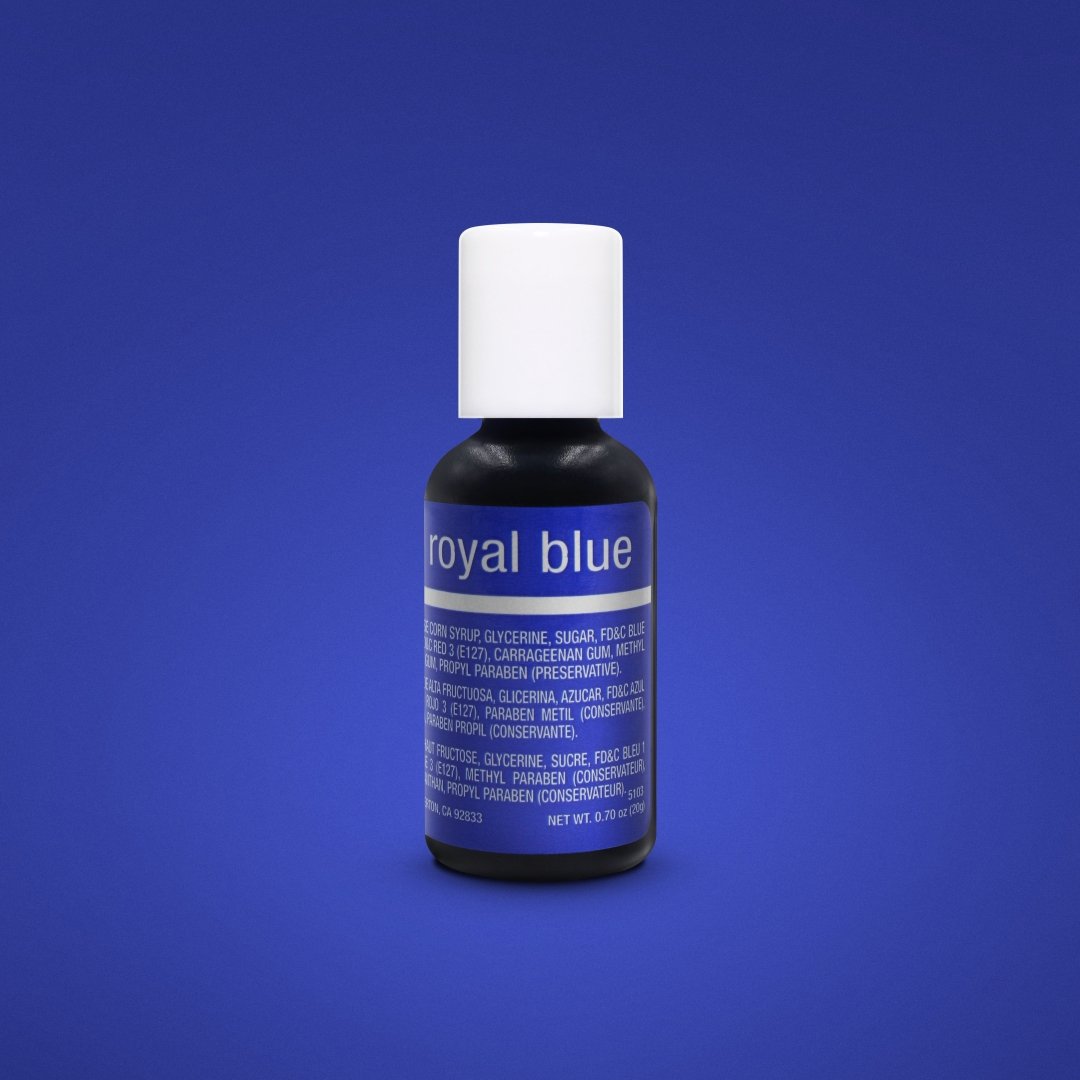 A bottle of Chefmaster Liqua Gel Color in royal blue, 0.7 oz (20 ml), is displayed against a deep blue background. The bottle features a white screw-on cap and has a label with blue text indicating its name and ingredients. The label includes details like "glycerin," "sugar," and "carrageenan gum." The product is commonly used for baking and food coloring.