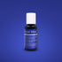 A bottle of Chefmaster Liqua Gel Color in royal blue, 0.7 oz (20 ml), is displayed against a deep blue background. The bottle features a white screw-on cap and has a label with blue text indicating its name and ingredients. The label includes details like "glycerin," "sugar," and "carrageenan gum." The product is commonly used for baking and food coloring.