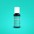 A bottle of Chefmaster Liqua Gel Color in turquoise, 0.7 oz (20 ml). The bottle has a black body and a white cap, with a label featuring the word "turquoise" in white text on a turquoise background. The label includes ingredient information, including corn syrup, glycerin, and food colorings. The image is set against a solid turquoise background.