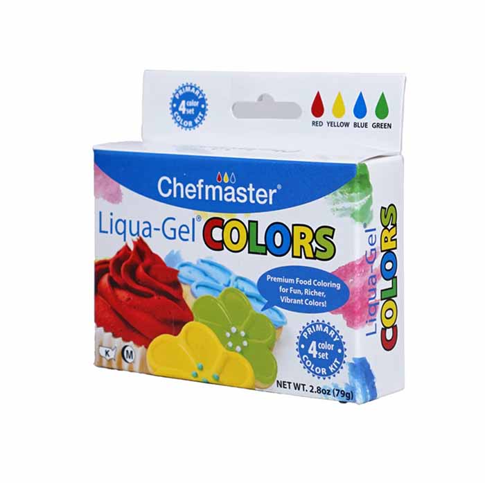 A box of Chefmaster Liqua-Gel Colors, featuring a colorful design. The packaging showcases the product name prominently and includes illustrations of red frosting and blue icing, along with yellow and green flowers. The box indicates that it is a primary color set of four (red, yellow, blue, green) and emphasizes that it&