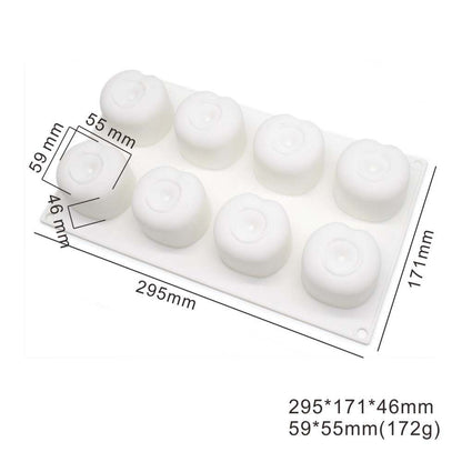 An image of a cherry-shaped silicone mold featuring eight cavities, arranged in two rows of four. The mold is predominantly white and displays various dimensions labeled on the sides, including measurements of 295mm x 171mm x 46mm and individual cavity sizes of 59mm x 55mm. The mold is flat with circular, cherry-like shapes designed for creating treats or desserts.