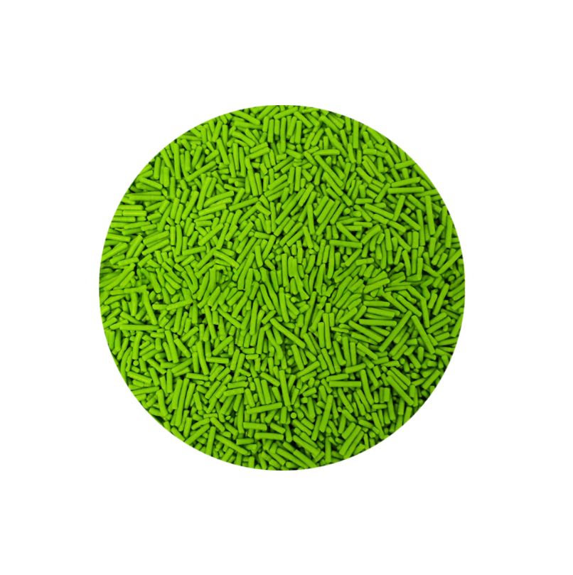 Bright green sprinkles densely packed in a circular shape on a white background. The sprinkles are long and tubular, creating a vibrant and playful appearance.